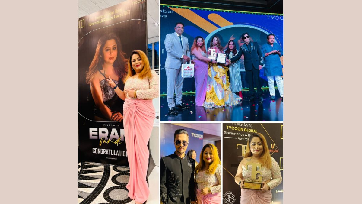 Serial entrepreneur Eram Faridi receives Tycoon Global & Filmgiant Award for Best Producer of the Year at the hands of Krishika Lulla